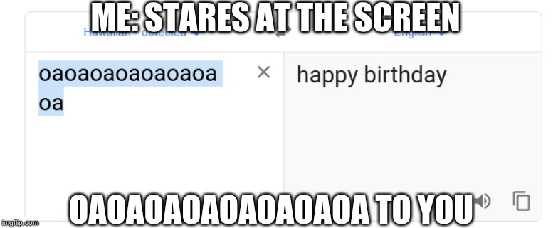 Google translate gone wrong... | ME: STARES AT THE SCREEN; OAOAOAOAOAOAOAOA TO YOU | image tagged in oaoaoaoaoaoaoaoa,happy birthday,google translate | made w/ Imgflip meme maker