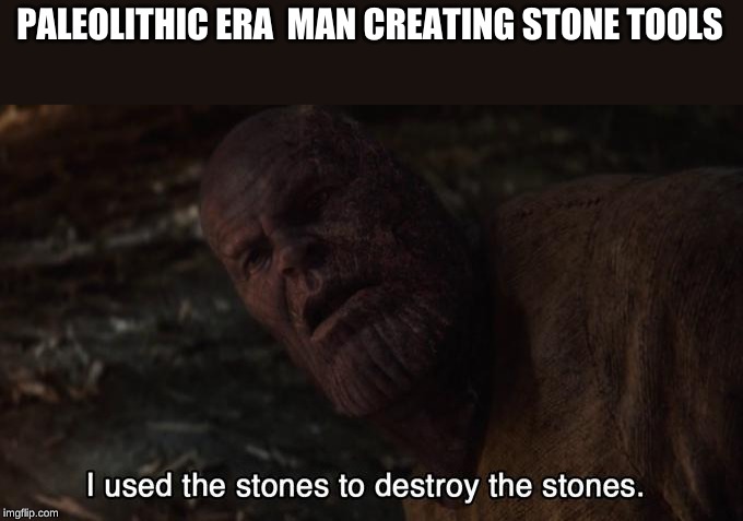 I used the stones to destroy the stones | PALEOLITHIC ERA  MAN CREATING STONE TOOLS | image tagged in i used the stones to destroy the stones | made w/ Imgflip meme maker