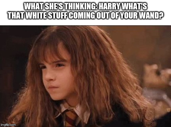 hermione suspiscius | WHAT SHE'S THINKING: HARRY WHAT'S THAT WHITE STUFF COMING OUT OF YOUR WAND? | image tagged in hermione suspiscius | made w/ Imgflip meme maker