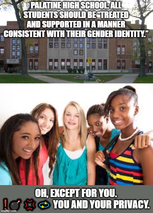 PALATINE HIGH SCHOOL: ALL STUDENTS SHOULD BE “TREATED AND SUPPORTED IN A MANNER CONSISTENT WITH THEIR GENDER IDENTITY.”; OH, EXCEPT FOR YOU.
❗💣💢💫 YOU AND YOUR PRIVACY. | image tagged in high school,girls,girls rights,womens rights,memes,alphabet mafia | made w/ Imgflip meme maker