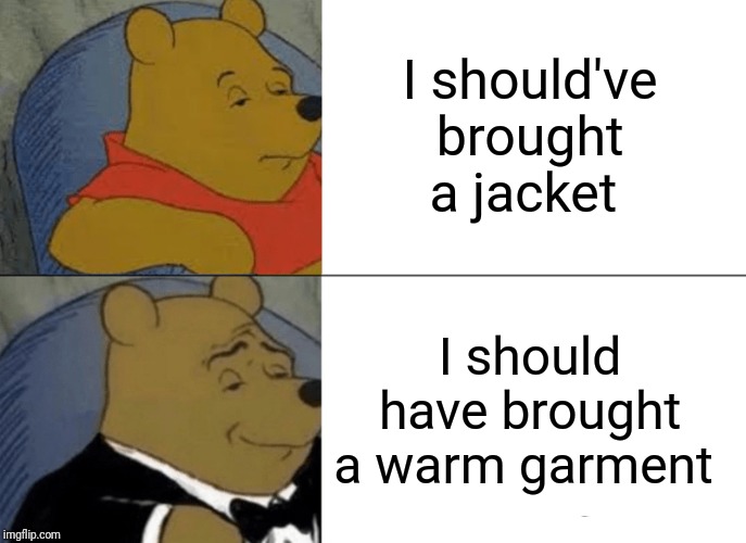 Tuxedo Winnie The Pooh Meme | I should've brought a jacket I should have brought a warm garment | image tagged in memes,tuxedo winnie the pooh | made w/ Imgflip meme maker