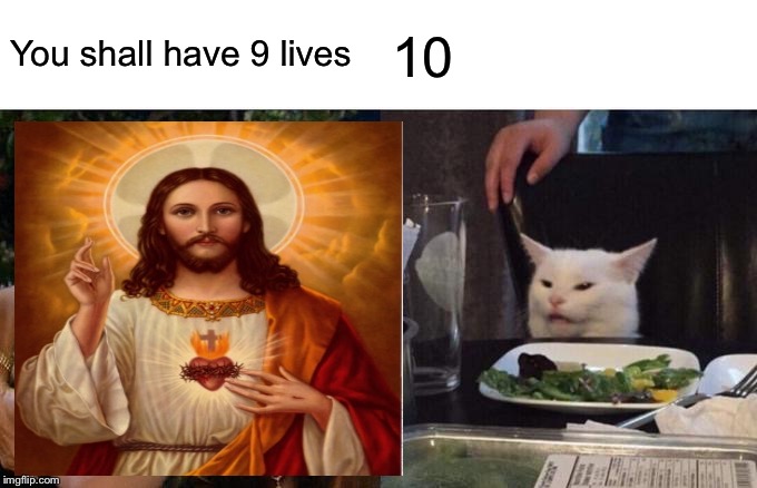 Jesus said | You shall have 9 lives; 10 | image tagged in woman yelling at cat,cat,funny memes,latest stream | made w/ Imgflip meme maker
