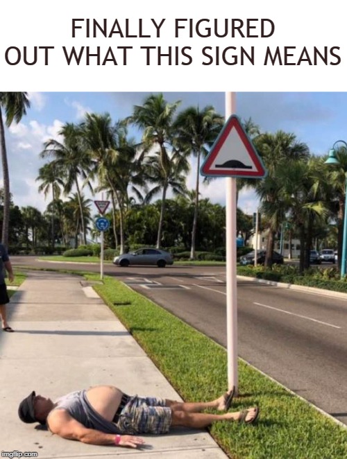 Fat Man Has Fallen And He Can't Get Up Sign |  FINALLY FIGURED OUT WHAT THIS SIGN MEANS | image tagged in speed bump,hump,traffic,signs,road signs,memes | made w/ Imgflip meme maker