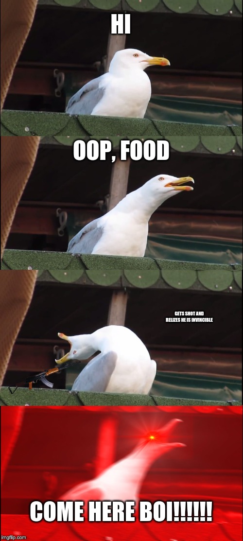 Inhaling Seagull | HI; OOP, FOOD; GETS SHOT AND RELIZES HE IS INVINCIBLE; COME HERE BOI!!!!!! | image tagged in memes,inhaling seagull | made w/ Imgflip meme maker
