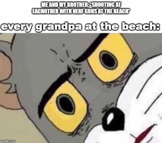 Tom Cat Unsettled Close up | ME AND MY BROTHER: *SHOOTING AT EACHOTHER WITH NERF GUNS AT THE BEACH*; every grandpa at the beach: | image tagged in tom cat unsettled close up | made w/ Imgflip meme maker