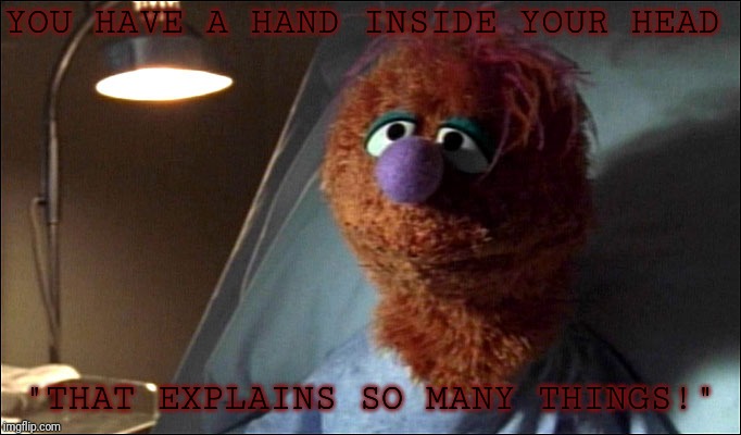 scrubs muppet that explains x | YOU HAVE A HAND INSIDE YOUR HEAD; "THAT EXPLAINS SO MANY THINGS!" | image tagged in scrubs muppet that explains x | made w/ Imgflip meme maker