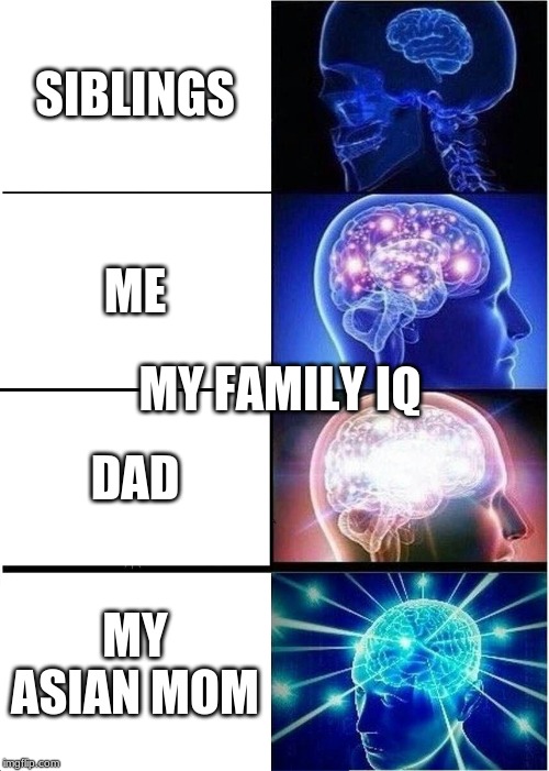Expanding Brain Meme |  SIBLINGS; ME; MY FAMILY IQ; DAD; MY ASIAN MOM | image tagged in memes,expanding brain | made w/ Imgflip meme maker