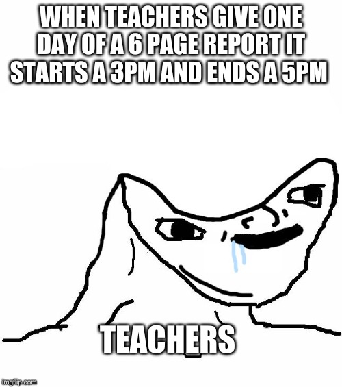 Retard wojak | WHEN TEACHERS GIVE ONE DAY OF A 6 PAGE REPORT IT STARTS A 3PM AND ENDS A 5PM; TEACHERS | image tagged in retard wojak | made w/ Imgflip meme maker