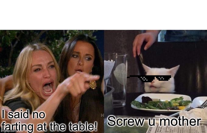 Woman Yelling At Cat Meme | I said no farting at the table! Screw u mother | image tagged in memes,woman yelling at cat | made w/ Imgflip meme maker