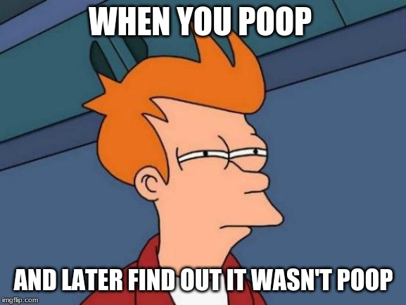 Futurama Fry | WHEN YOU POOP; AND LATER FIND OUT IT WASN'T POOP | image tagged in memes,futurama fry | made w/ Imgflip meme maker
