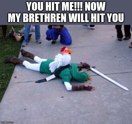 Zelda Chicken | YOU HIT ME!!! NOW MY BRETHREN WILL HIT YOU | image tagged in zelda chicken | made w/ Imgflip meme maker