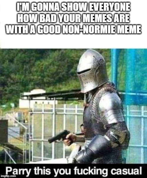 Parry This | I'M GONNA SHOW EVERYONE HOW BAD YOUR MEMES ARE WITH A GOOD NON-NORMIE MEME | image tagged in parry this | made w/ Imgflip meme maker