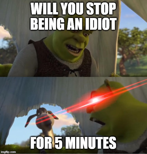 Shrek For Five Minutes | WILL YOU STOP BEING AN IDIOT FOR 5 MINUTES | image tagged in shrek for five minutes | made w/ Imgflip meme maker