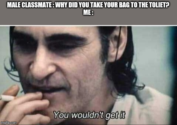 You wouldn't get it | MALE CLASSMATE : WHY DID YOU TAKE YOUR BAG TO THE TOLIET?
ME : | image tagged in you wouldn't get it | made w/ Imgflip meme maker