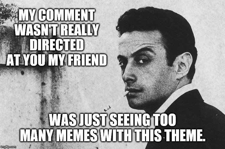 MY COMMENT WASN'T REALLY DIRECTED AT YOU MY FRIEND WAS JUST SEEING TOO MANY MEMES WITH THIS THEME. | made w/ Imgflip meme maker