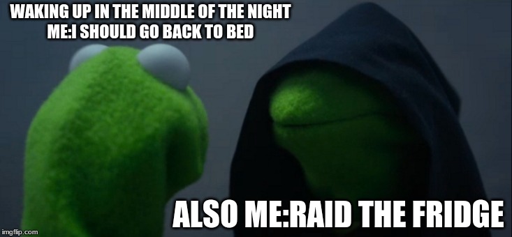 Evil Kermit | WAKING UP IN THE MIDDLE OF THE NIGHT
ME:I SHOULD GO BACK TO BED; ALSO ME:RAID THE FRIDGE | image tagged in memes,evil kermit | made w/ Imgflip meme maker