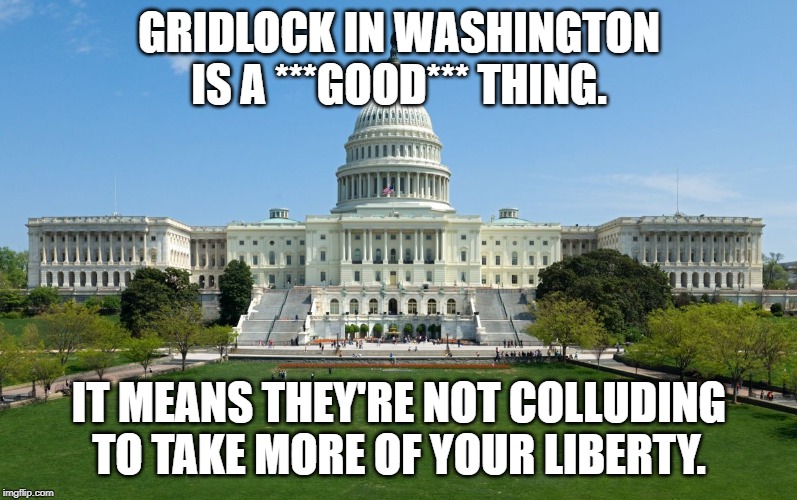 capitol hill | GRIDLOCK IN WASHINGTON IS A ***GOOD*** THING. IT MEANS THEY'RE NOT COLLUDING TO TAKE MORE OF YOUR LIBERTY. | image tagged in capitol hill | made w/ Imgflip meme maker