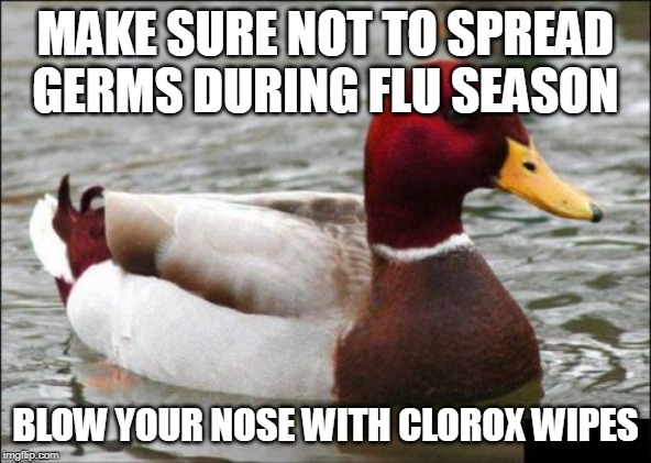 Malicious Advice Mallard | MAKE SURE NOT TO SPREAD GERMS DURING FLU SEASON; BLOW YOUR NOSE WITH CLOROX WIPES | image tagged in memes,malicious advice mallard,AdviceAnimals | made w/ Imgflip meme maker