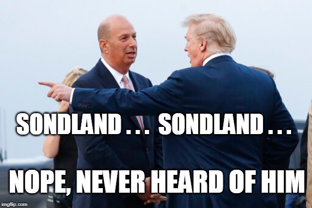 SONDLAND . . .  SONDLAND . . . NOPE, NEVER HEARD OF HIM | image tagged in trump | made w/ Imgflip meme maker