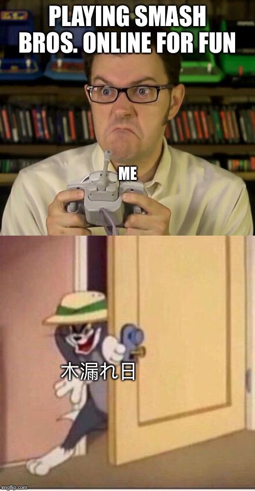 PLAYING SMASH BROS. ONLINE FOR FUN; ME; 木漏れ日 | image tagged in angry video game nerd,sneaky tom | made w/ Imgflip meme maker