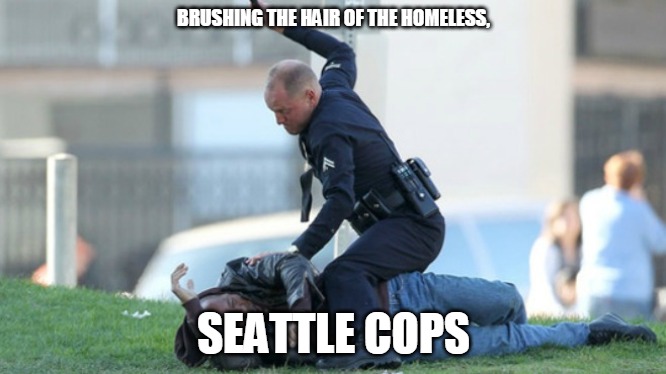 Cop Beating | BRUSHING THE HAIR OF THE HOMELESS, SEATTLE COPS | image tagged in cop beating | made w/ Imgflip meme maker