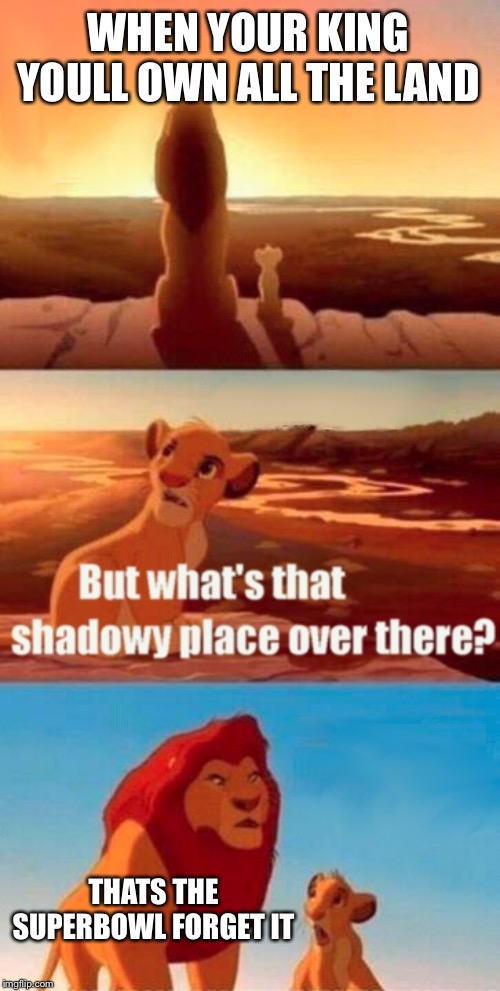 Simba Shadowy Place | WHEN YOUR KING YOULL OWN ALL THE LAND; THATS THE SUPERBOWL FORGET IT | image tagged in memes,simba shadowy place | made w/ Imgflip meme maker