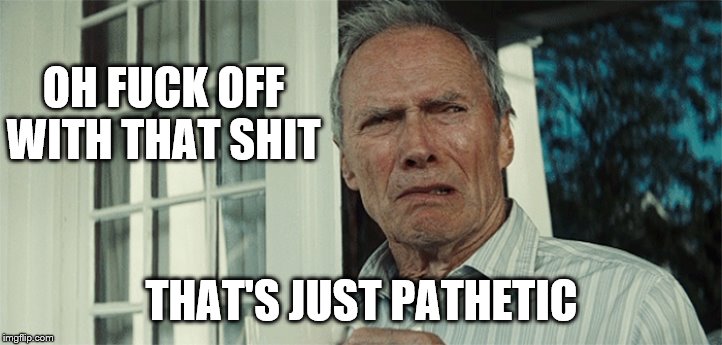 Clint Eastwood WTF | OH F**K OFF WITH THAT SHIT THAT'S JUST PATHETIC | image tagged in clint eastwood wtf | made w/ Imgflip meme maker