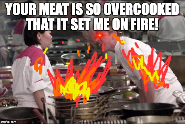 Angry Chef Gordon Ramsay | YOUR MEAT IS SO OVERCOOKED THAT IT SET ME ON FIRE! | image tagged in memes,angry chef gordon ramsay | made w/ Imgflip meme maker