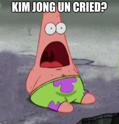 Suprised Patrick | KIM JONG UN CRIED? | image tagged in suprised patrick | made w/ Imgflip meme maker