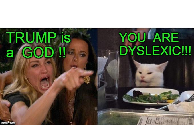 trump is god, dyslexic | YOU  ARE DYSLEXIC!!! TRUMP is a  GOD !! | image tagged in woman yelling at cat | made w/ Imgflip meme maker