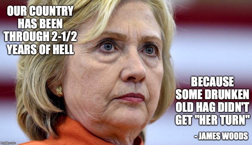 OUR COUNTRY HAS BEEN THROUGH 2-1/2 YEARS OF HELL; BECAUSE SOME DRUNKEN OLD HAG DIDN'T GET "HER TURN"; - JAMES WOODS | image tagged in james woods,hillary,impeachment | made w/ Imgflip meme maker