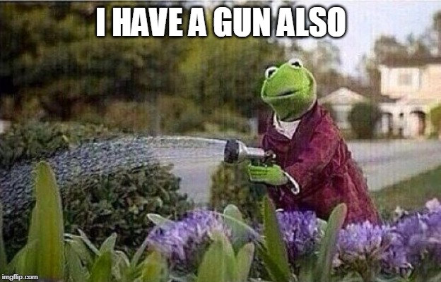 Kermit Watering Plants | I HAVE A GUN ALSO | image tagged in kermit watering plants | made w/ Imgflip meme maker