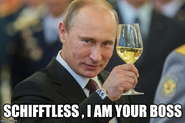 Putin Cheers | SCHIFFTLESS , I AM YOUR BOSS | image tagged in putin cheers | made w/ Imgflip meme maker