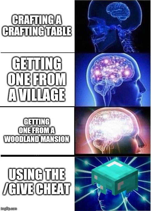 Expanding Brain | CRAFTING A CRAFTING TABLE; GETTING ONE FROM A VILLAGE; GETTING ONE FROM A WOODLAND MANSION; USING THE /GIVE CHEAT | image tagged in memes,expanding brain | made w/ Imgflip meme maker