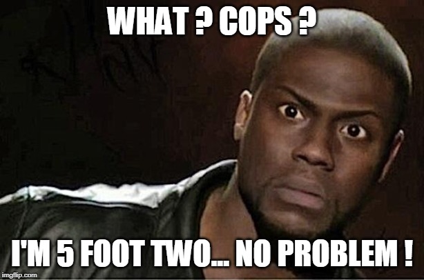What? Cops? | WHAT ? COPS ? I'M 5 FOOT TWO... NO PROBLEM ! | image tagged in kevin hart,funny memes,short | made w/ Imgflip meme maker