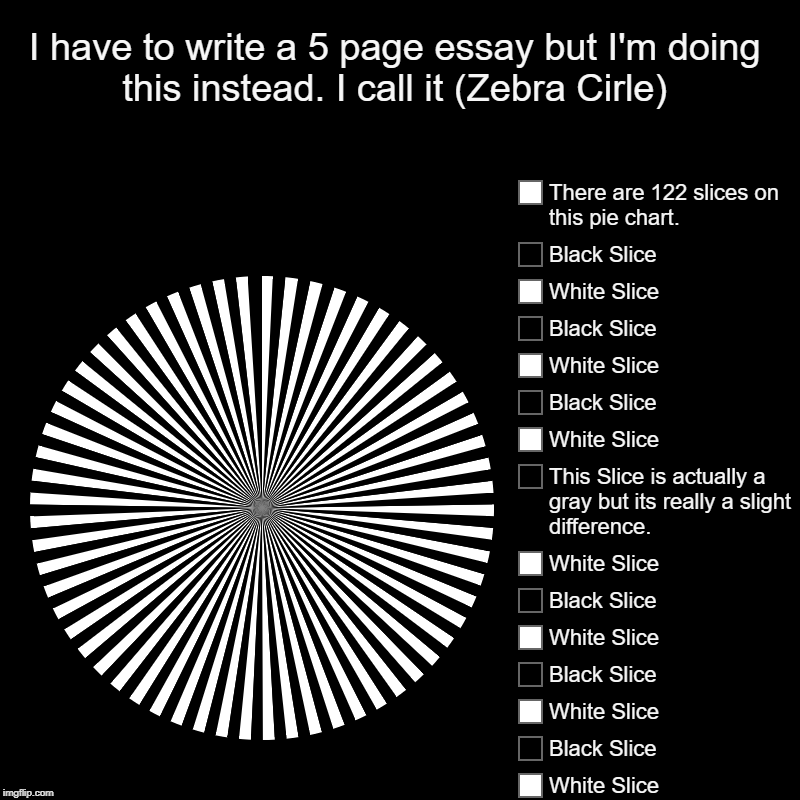 I have to write a 5 page essay but I'm doing this instead. I call it (Zebra Cirle) |, White Slice, Black Slice, White Slice, Black Slice, Wh | image tagged in charts,pie charts | made w/ Imgflip chart maker