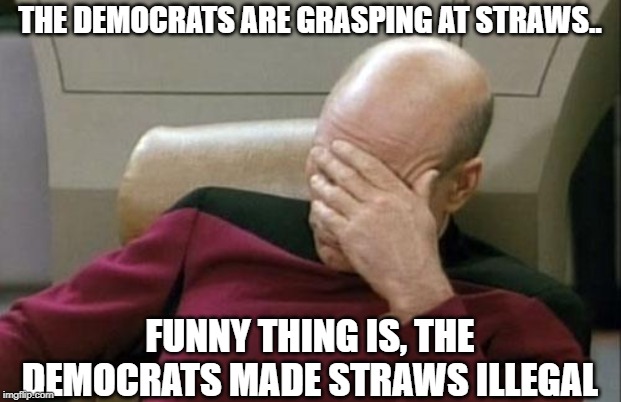 Captain Picard Facepalm Meme | THE DEMOCRATS ARE GRASPING AT STRAWS.. FUNNY THING IS, THE DEMOCRATS MADE STRAWS ILLEGAL | image tagged in memes,captain picard facepalm | made w/ Imgflip meme maker