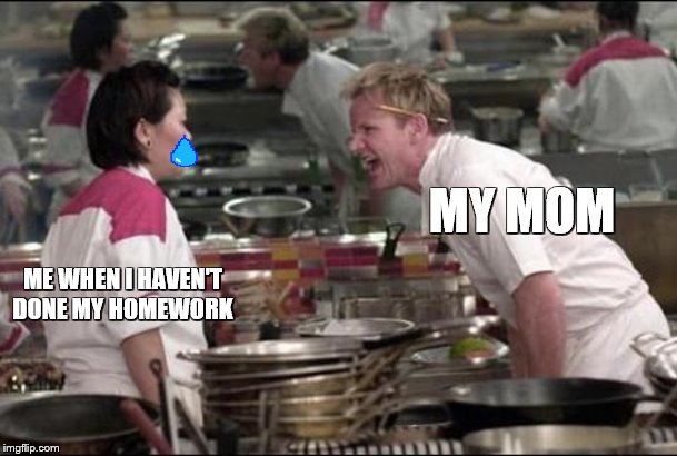 happens every time... | MY MOM; ME WHEN I HAVEN'T DONE MY HOMEWORK | image tagged in memes,angry chef gordon ramsay | made w/ Imgflip meme maker