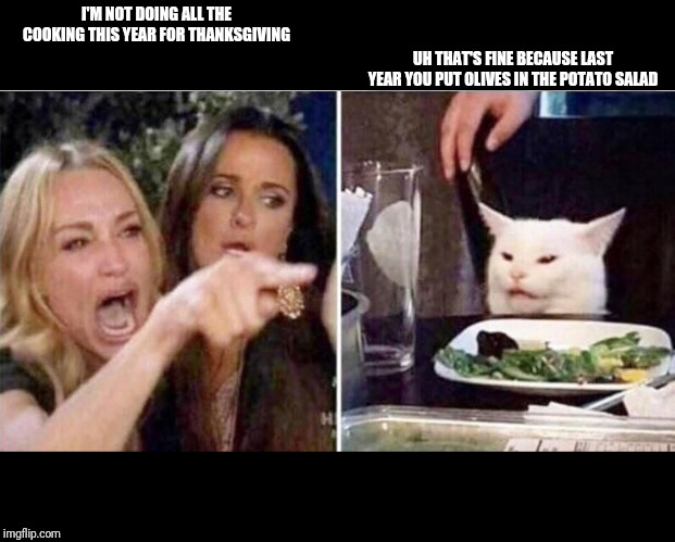 Crying girls and Cat | I'M NOT DOING ALL THE COOKING THIS YEAR FOR THANKSGIVING; UH THAT'S FINE BECAUSE LAST YEAR YOU PUT OLIVES IN THE POTATO SALAD | image tagged in crying girls and cat | made w/ Imgflip meme maker