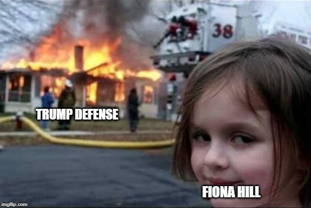 Burning House Girl | TRUMP DEFENSE; FIONA HILL | image tagged in burning house girl,donald trump is an idiot,impeach trump | made w/ Imgflip meme maker