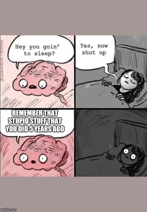waking up brain | REMEMBER THAT STUPID STUFF THAT YOU DID 5 YEARS AGO | image tagged in waking up brain | made w/ Imgflip meme maker