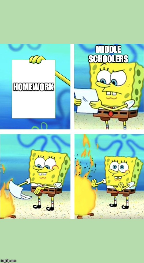 Spongebob Burning Paper | MIDDLE SCHOOLERS; HOMEWORK | image tagged in spongebob burning paper | made w/ Imgflip meme maker