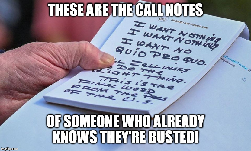 No quid pro quo | THESE ARE THE CALL NOTES; OF SOMEONE WHO ALREADY KNOWS THEY'RE BUSTED! | image tagged in no quid pro quo | made w/ Imgflip meme maker