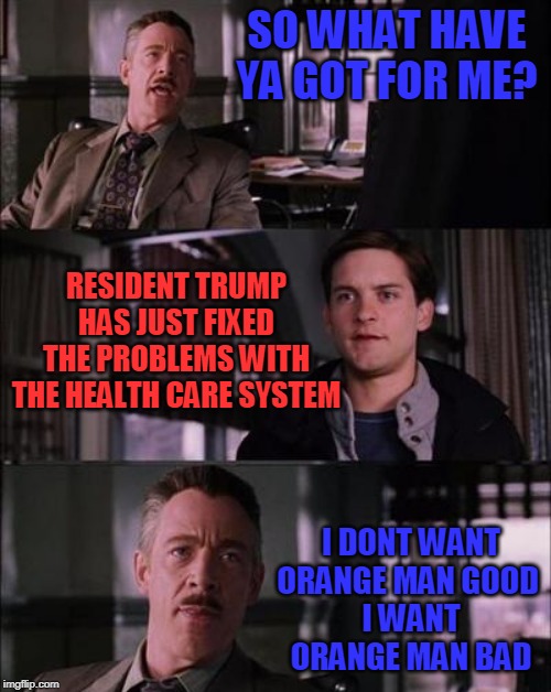 NO NEWS ON THIS OF COURSE | SO WHAT HAVE YA GOT FOR ME? RESIDENT TRUMP HAS JUST FIXED THE PROBLEMS WITH THE HEALTH CARE SYSTEM; I DONT WANT ORANGE MAN GOOD 
I WANT ORANGE MAN BAD | image tagged in fake news,president trump | made w/ Imgflip meme maker