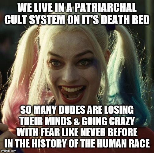 we live in a patriarchy | WE LIVE IN A PATRIARCHAL CULT SYSTEM ON IT'S DEATH BED; SO MANY DUDES ARE LOSING THEIR MINDS & GOING CRAZY WITH FEAR LIKE NEVER BEFORE IN THE HISTORY OF THE HUMAN RACE | image tagged in we live in a patriarchy | made w/ Imgflip meme maker