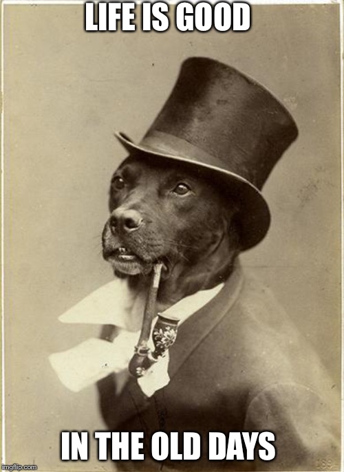 Old Money Dog | LIFE IS GOOD; IN THE OLD DAYS | image tagged in old money dog | made w/ Imgflip meme maker