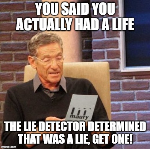 No Life | YOU SAID YOU ACTUALLY HAD A LIFE; THE LIE DETECTOR DETERMINED THAT WAS A LIE, GET ONE! | image tagged in memes,maury lie detector | made w/ Imgflip meme maker