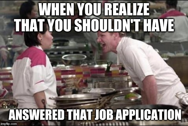 Angry Chef Gordon Ramsay Meme | WHEN YOU REALIZE THAT YOU SHOULDN'T HAVE; ANSWERED THAT JOB APPLICATION | image tagged in memes,angry chef gordon ramsay | made w/ Imgflip meme maker