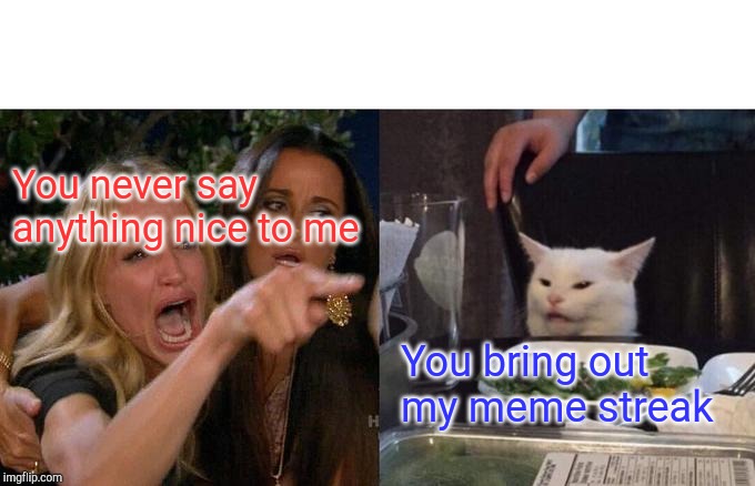 Meme Streak | You never say anything nice to me; You bring out my meme streak | image tagged in memes,woman yelling at cat,mean,nasty,grumpy cat,funny cats | made w/ Imgflip meme maker