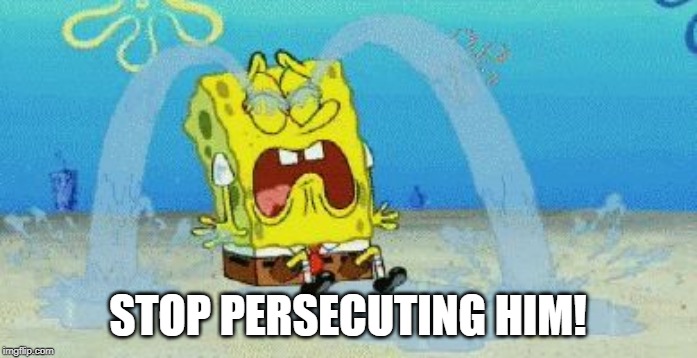 cryin | STOP PERSECUTING HIM! | image tagged in cryin | made w/ Imgflip meme maker